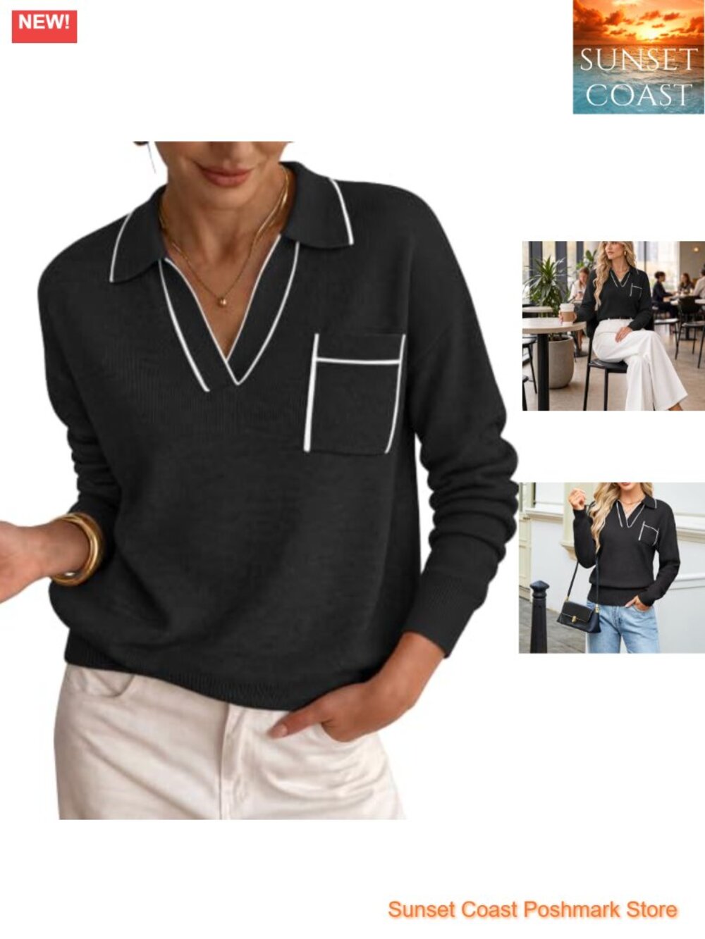 Women's Polo V-Neck Long Sleeve Knit Sweater Pullover Loose Fit Business Casual